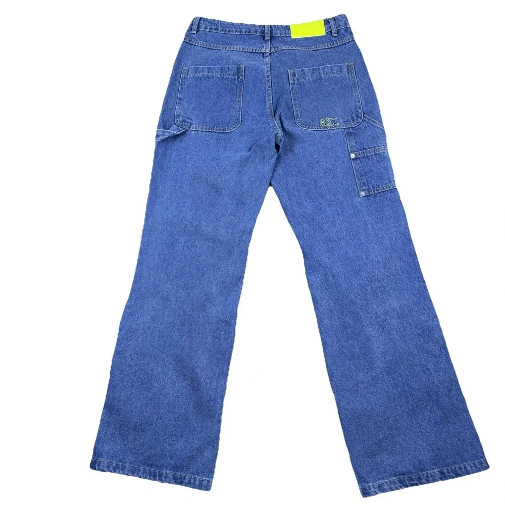 Mens Denim Cargo Jeans Blue‎ Medium Wide Leg Snaps Streetwear Utility Y2K Skater